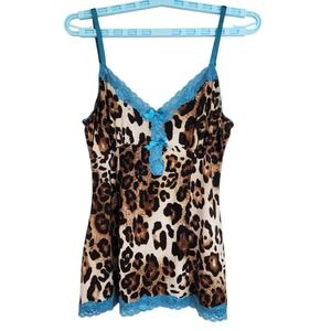 Vintage Bisou Bisou Size Medium Y2K Leopard Lace Trim Camisole Tank Turquoise
